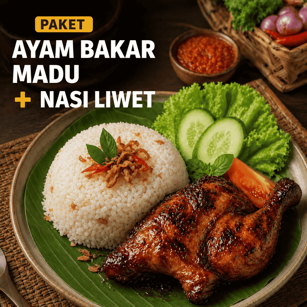 Paket Ayam Bakar Madu dengan nasi liwet, lalap, sambal, tahu, dan tempe